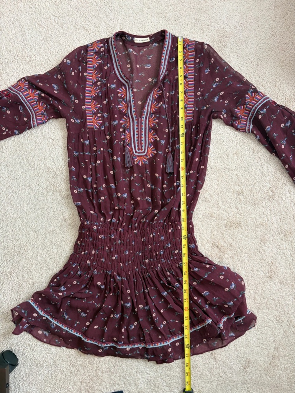 ULLA JOHNSON Gita Silk Embroidered Floral Drop Waist Boho Dress Bordeaux Size 6 - Picture 15 of 16